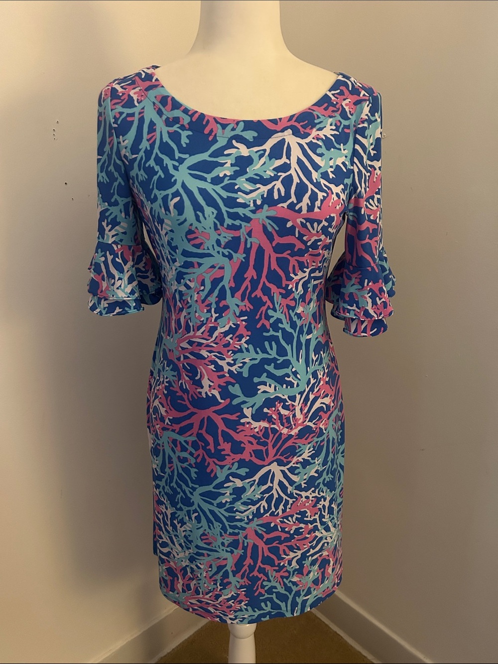 Pappagallo Blue/Pink /Aqua Coral Print Shift Dress sz Xs/S
